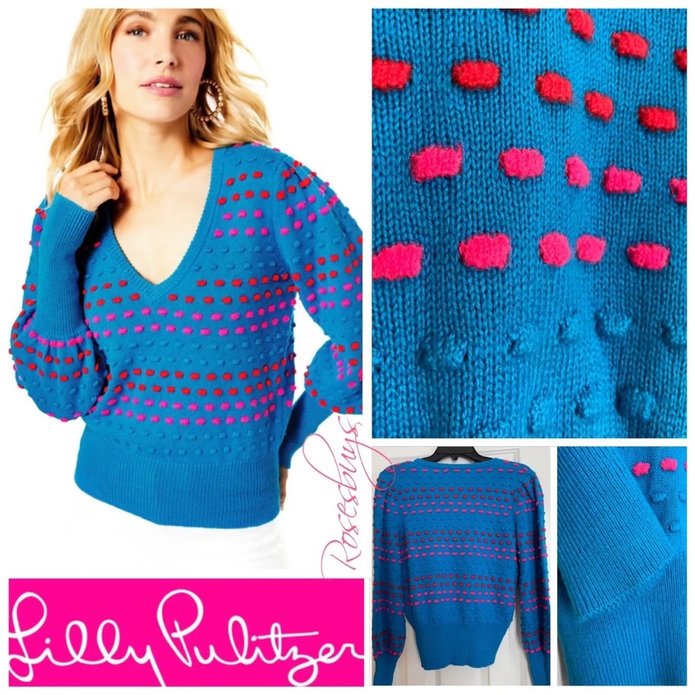 Lilly Pulitzer Robena Sweater Sz S Teal Blue Striped V-neck pullover spring